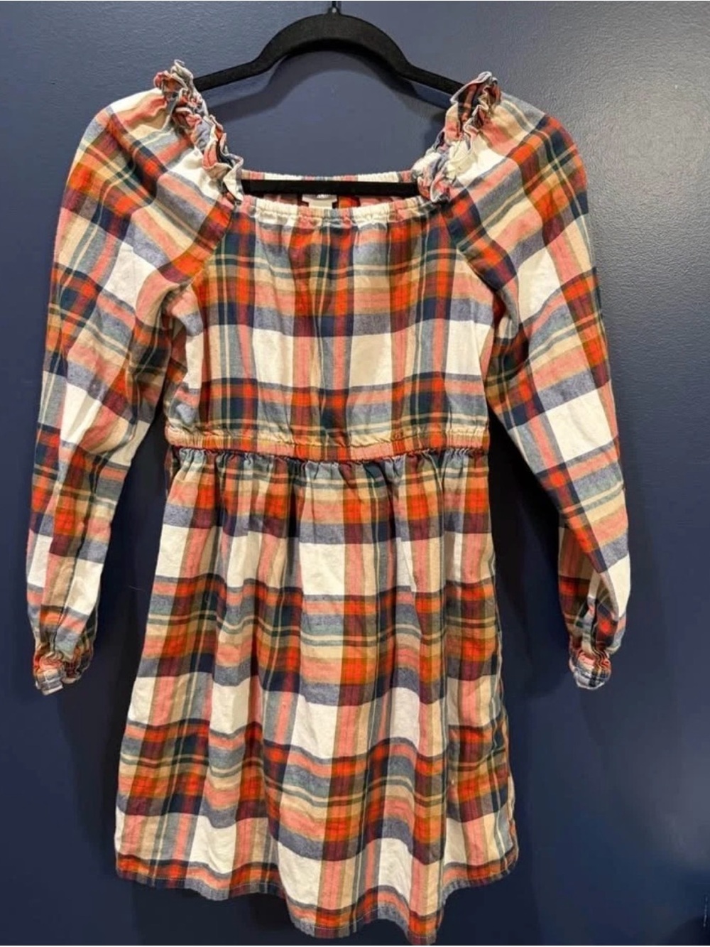 Girls Cotton Fall Plaid Dress- Synch Waste - Crewcuts - Size 12 Navy/Orange
